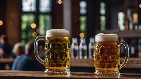 Two glasses of beer on a wooden table in a pub or restaurantの素材