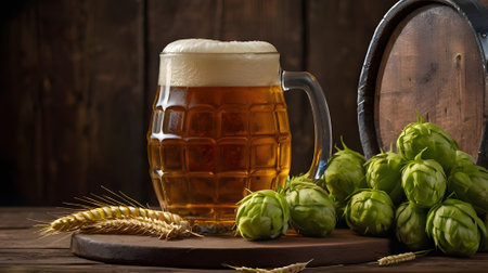 Glass of beer with hop cones and wheat ears on wooden background.の素材
