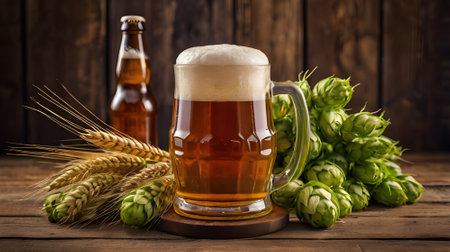 glass of beer with hops and wheat on wooden background, selective focusの素材