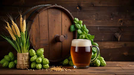 glass of beer, hop cones and wheat ears on dark wooden backgroundの素材