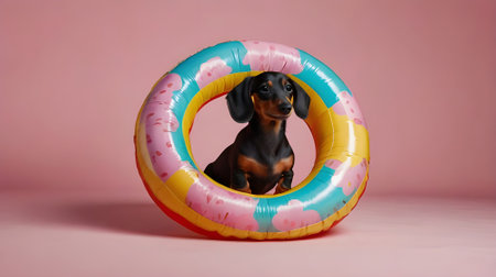 Miniature Dachshund in an inflatable ring on a pink backgroundの素材