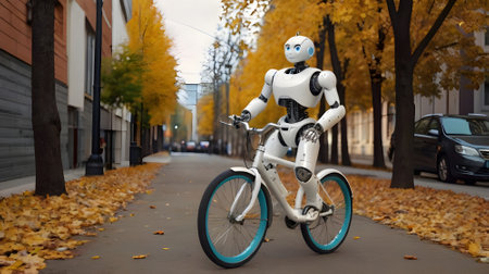 Robot riding a bicycle in the autumn city. 3d renderingの素材