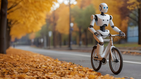 Robot riding a bicycle in the autumn park. Concept of artificial intelligence.の素材