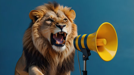 Lion with a megaphone on a blue background, close-upの素材