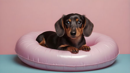 Dachshund puppy in an inflatable ring on a pink backgroundの素材