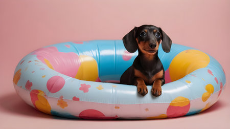 Cute dachshund puppy in inflatable ring on pink backgroundの素材