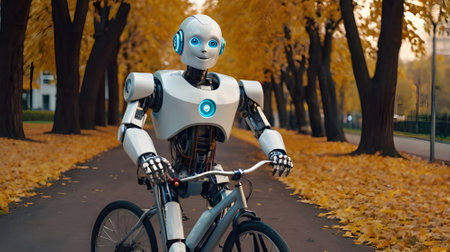 Robot with bicycle in autumn park. Artificial intelligence concept. Technology and lifestyle.の素材