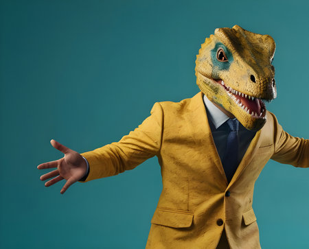 Funny monster in yellow suit on blue background. Halloween concept.の素材