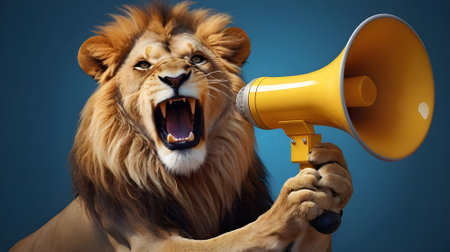 Lion shouting through a megaphone on a blue background.の素材