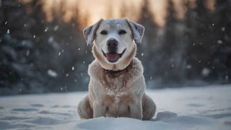 Beautiful labrador retriever dog sitting in the snow at sunsetの素材