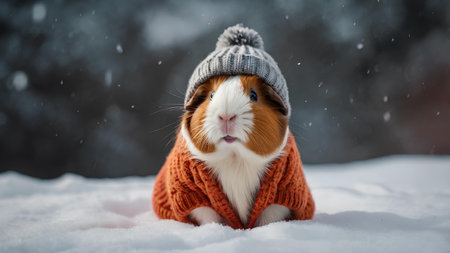 guinea pig wearing a hat and scarf in the snow in winterの素材