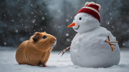 Cute guinea pig and snowman in winter forest. Funny pet.の素材