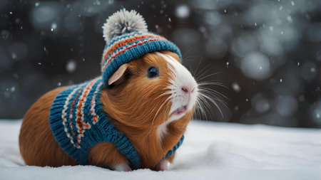 Cute guinea pig wearing winter hat and scarf on snow backgroundの素材