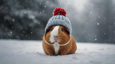 Cute guinea pig in a winter hat on snow background.の素材