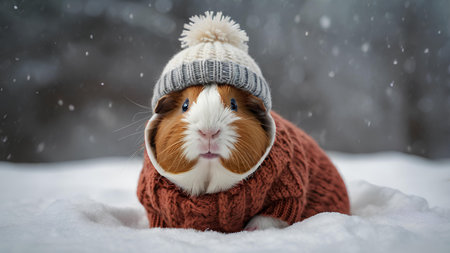 Cute guinea pig in warm hat and scarf on snow background.の素材