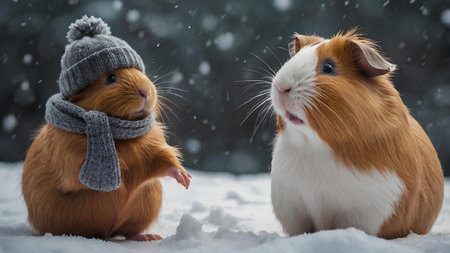 Two cute guinea pigs sitting in the snow in a winter hat and scarfの素材