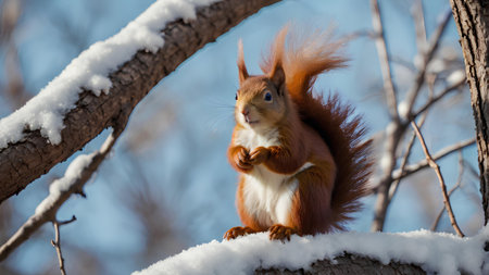 red squirrel sits on a tree in the winter forest and eats nutsの素材