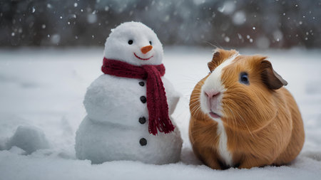 Cute guinea pig and snowman in the snow. Winter holidays.の素材