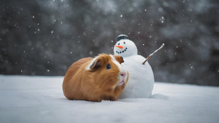 Guinea pig in the snow with snowman. Christmas card.の素材