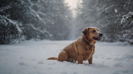 Golden retriever dog sitting in the snow on a snowy forest backgroundの素材
