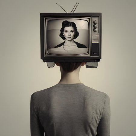 Woman with TV instead of head on grey background. Television addiction conceptの素材