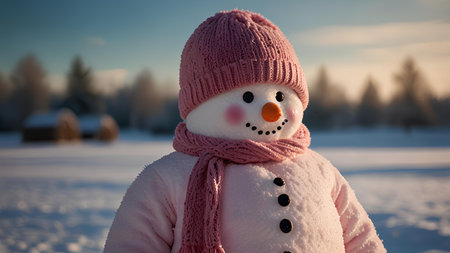 Snowman in a pink hat and scarf on the background of the winter forest.の素材