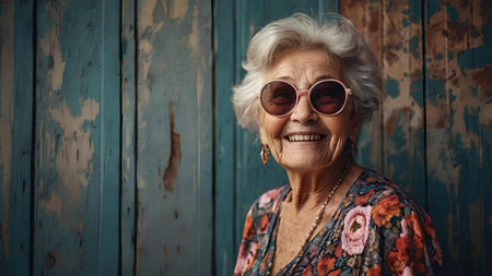 Portrait of a smiling senior woman with sunglasses against old wooden backgroundの素材