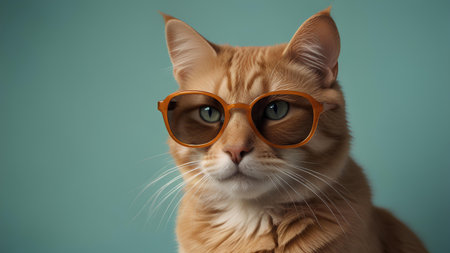 Portrait of ginger cat with orange glasses on turquoise backgroundの素材
