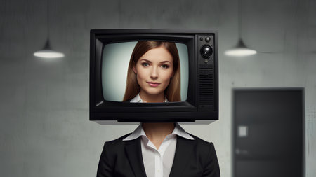 Young businesswoman in suit with TV instead of head. Mixed mediaの素材