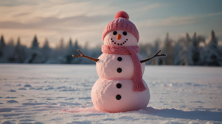 Snowman on the background of winter landscape. Christmas and New Year concept.の素材