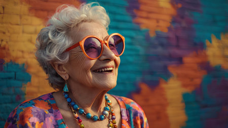 Portrait of a beautiful senior woman with short grey hair and sunglassesの素材