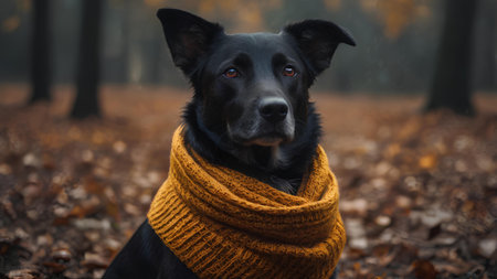 Black dog in a knitted scarf in the autumn forest. Selective focus.の素材