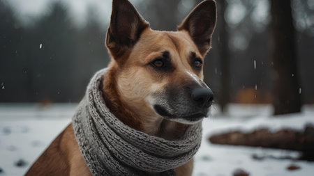 Portrait of a dog in a scarf on the background of a winter forest.の素材