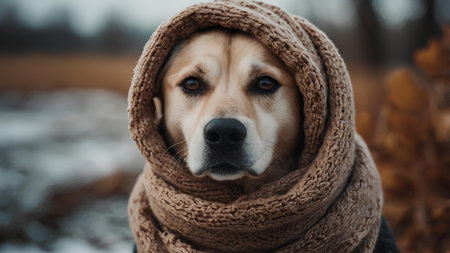 Portrait of a beige dog in a knitted scarf on a background of autumn nature.の素材