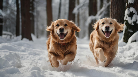 Two golden retriever dogs running in the snow in winter forest.の素材