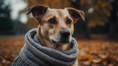 Portrait of a dog in a scarf on an autumn background.の素材