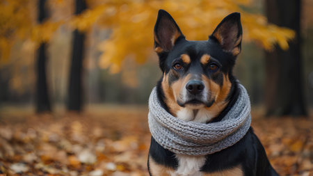 Portrait of a dog in a scarf on an autumn background.の素材