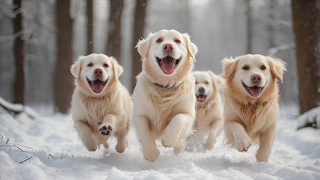 Group of golden retriever running in the winter forest. Pet animals.の素材