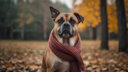 American staffordshire bull terrier wearing a scarf in autumn parkの素材