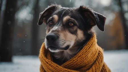 Portrait of a dog in a knitted scarf on the background of the winter forest.の素材