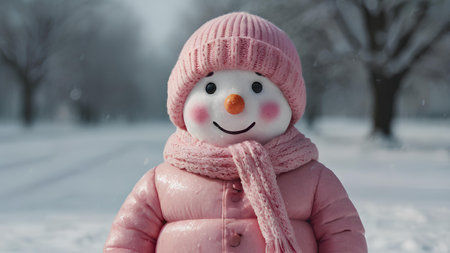 Snowman in a pink hat and scarf on a background of a winter parkの素材