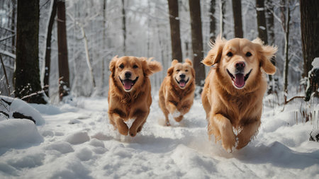 Two golden retriever dogs running in the snow in winter forest.の素材