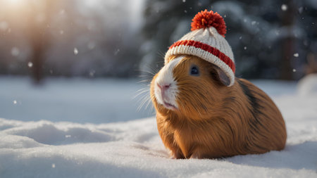 Cute guinea pig with winter hat in snow. Cute pet.の素材