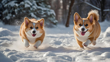 Two Welsh Corgi Pembroke dogs running in the snowの素材