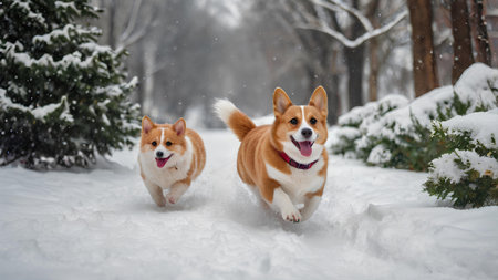 Two Welsh Corgi Pembroke dogs running in the snowの素材