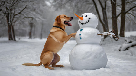 Dog and snowman in winter forest. Funny dog and snowman.の素材