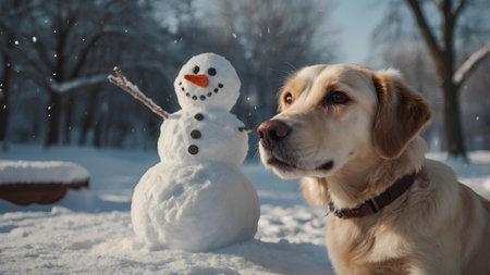 Cute golden retriever dog with snowman in winter park.の素材
