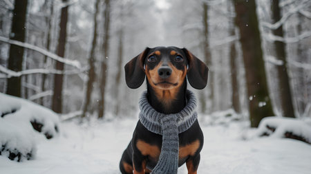Portrait of a beautiful black and tan dachshund dog in winter forestの素材