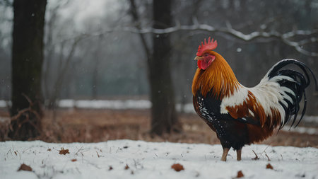 Beautiful rooster in the winter forest. Rooster portrait.の素材