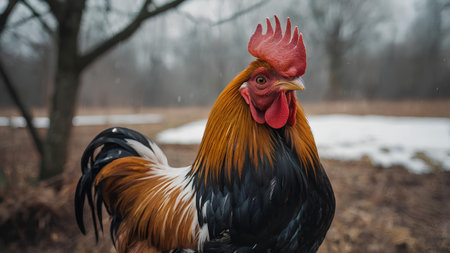 Rooster on the farm in winter. Portrait of a roosterの素材